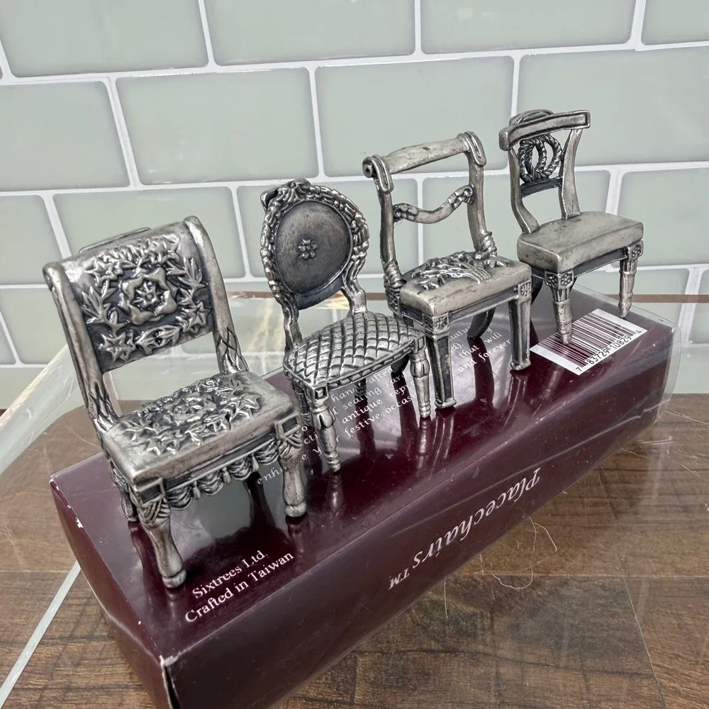 VTG Sixtrees Pewter Miniature Chairs Place Card Holders Set 8 Orig Box